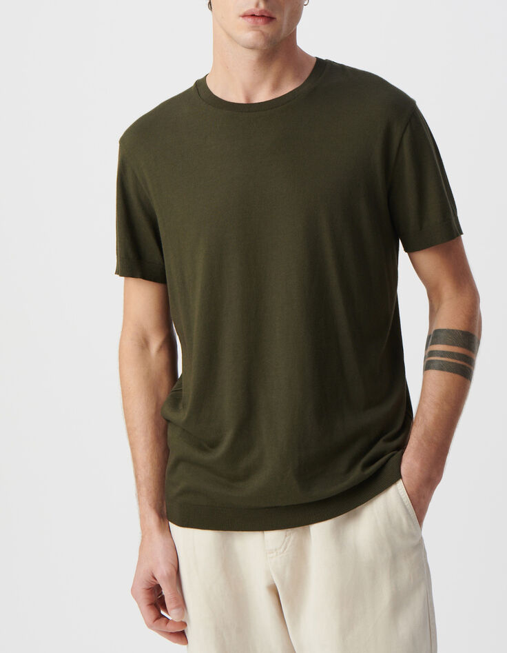 T-shirt kaki col rond en coton modal Homme-2