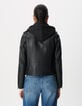 Women's black leather biker jacket with detachable hood-3