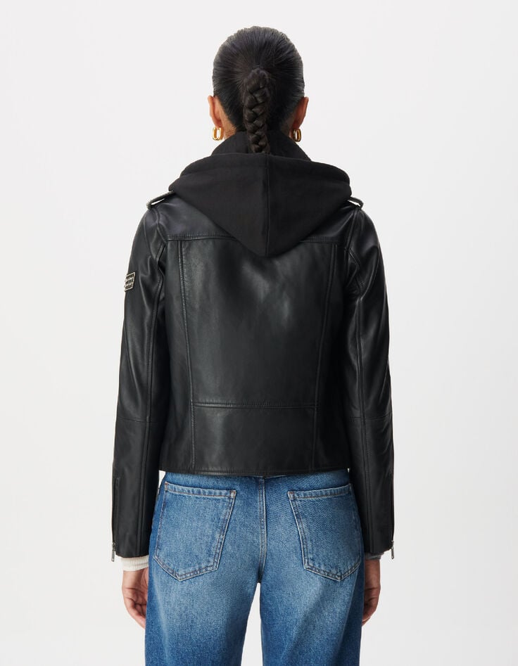 Women's black leather biker jacket with detachable hood-3