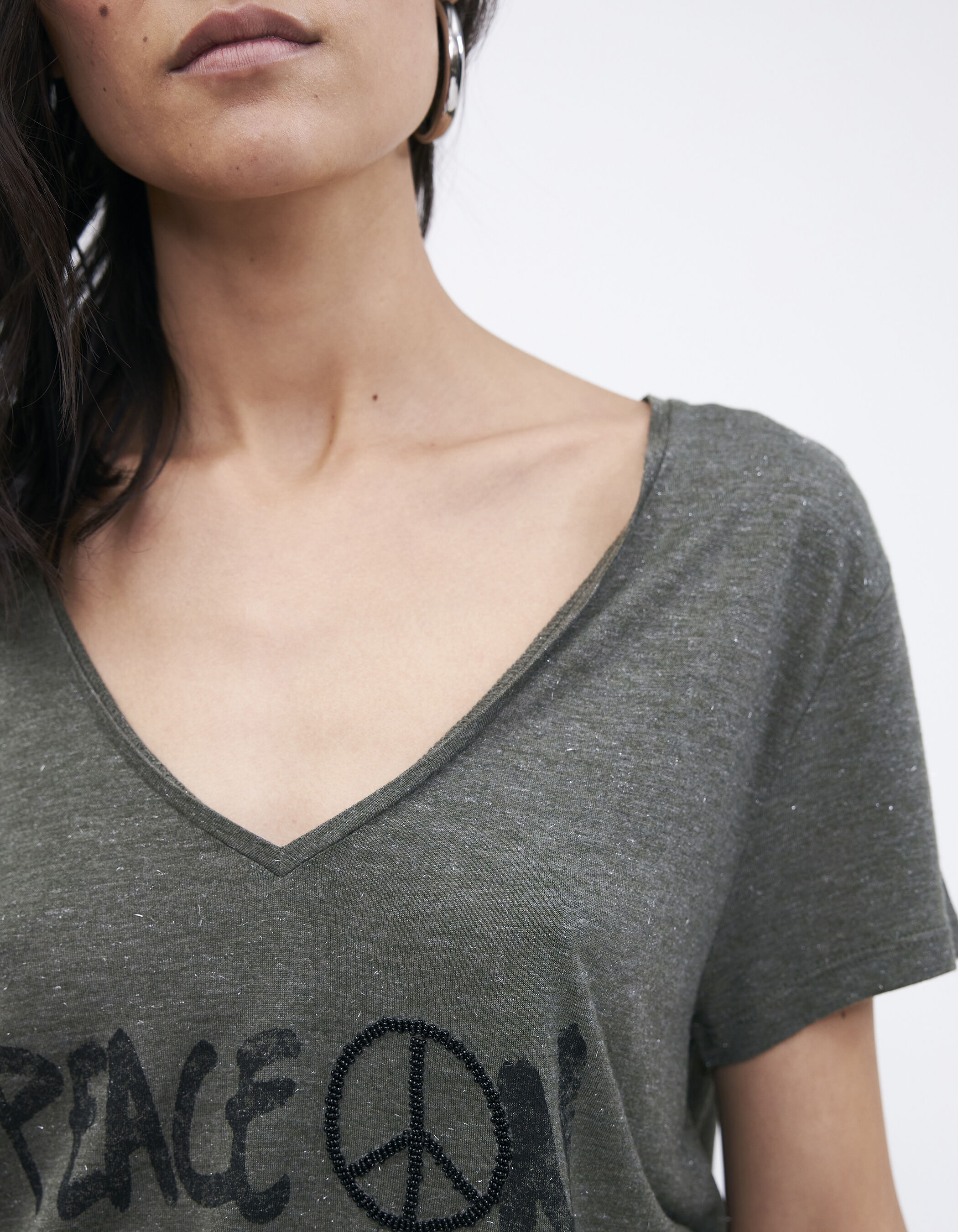 Women s khaki glittery loose T shirt slogan embroidery IKKS