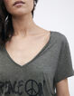 Khaki Damen-T-Shirt, loose, Pailletten-Message, Stickmotiv-4