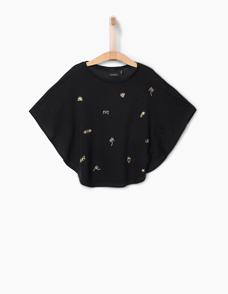 Tee-shirt-cape noir brodé fille-4