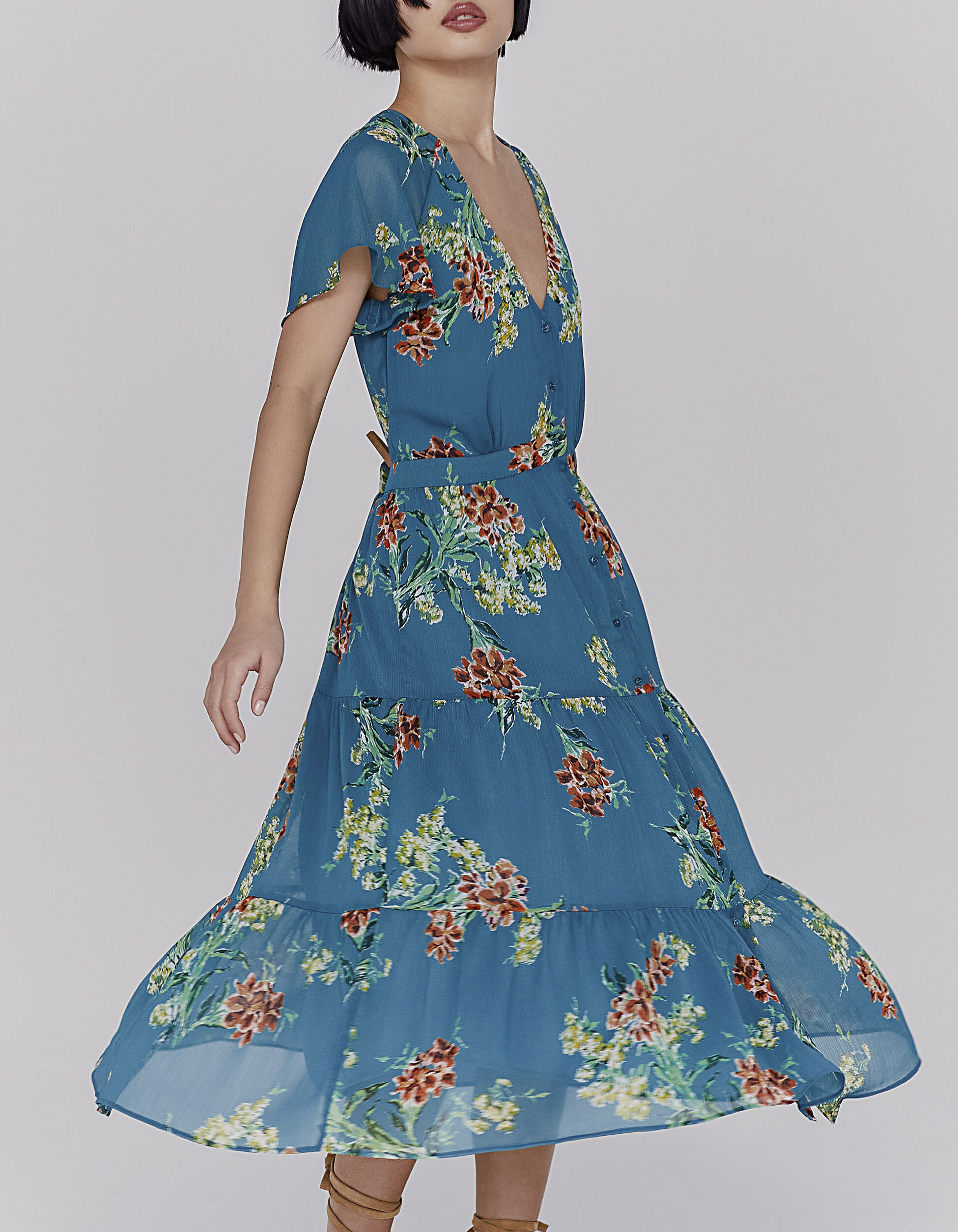 Robe en voile imprim bouquet de fleur meraude femme