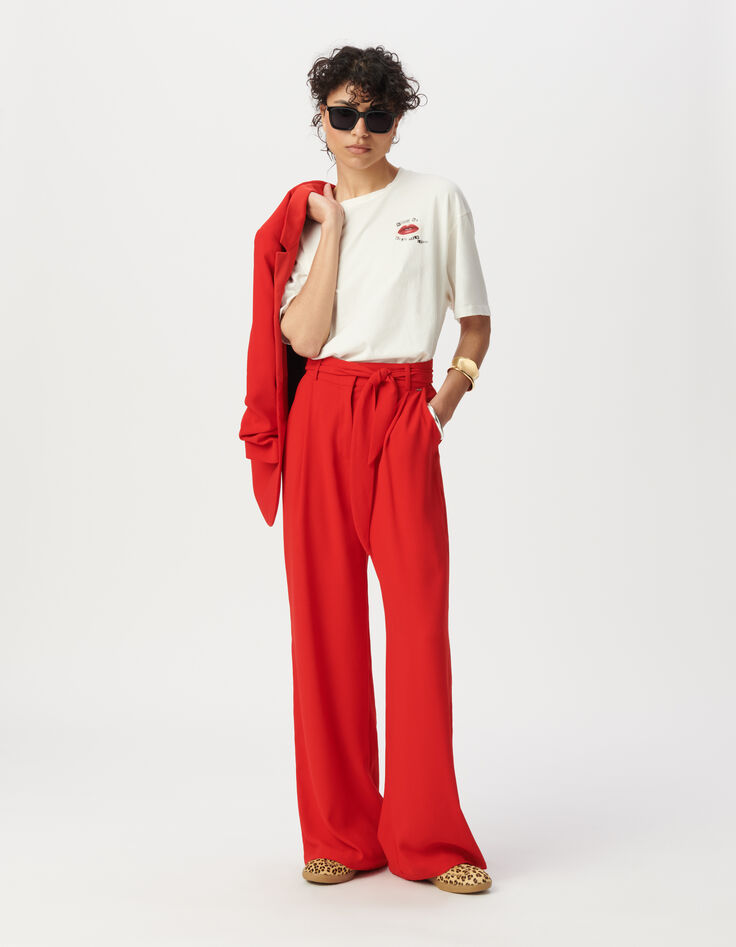 Rode brede geklede broek met ceintuur Dames-1