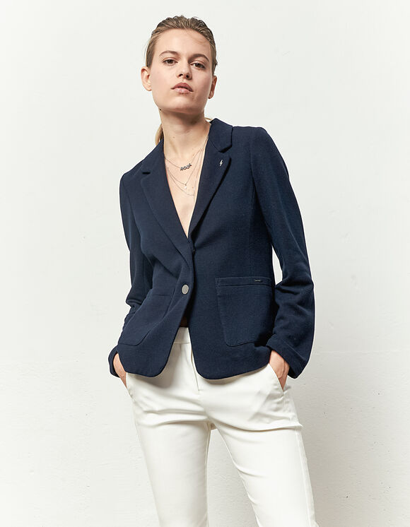 Veste tailleur en piqué de coton bleu marine femme