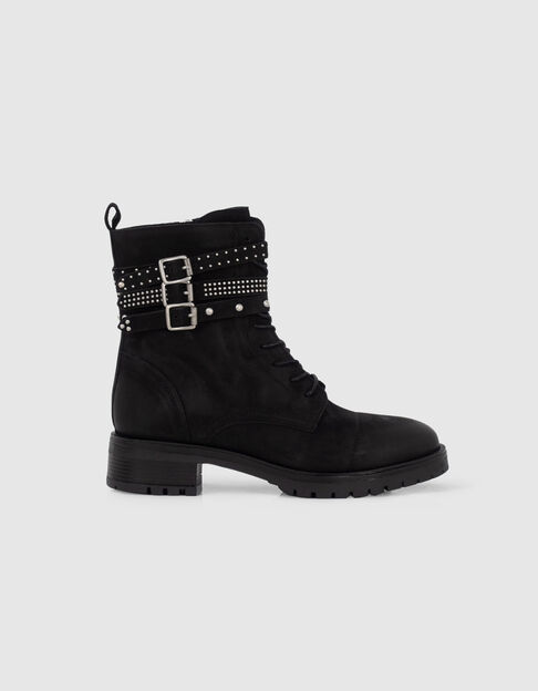 Women’s black leather lace-up boots with straps