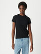 Zwart T-shirt met ronde hals en visgraatborduursel voor dames-2