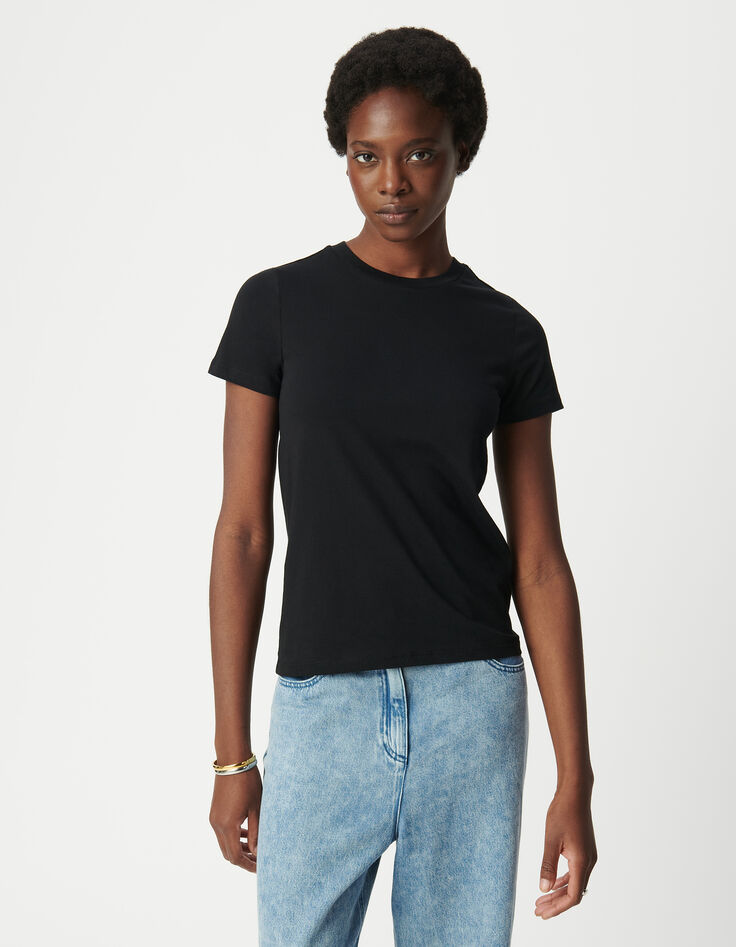 Zwart T-shirt met ronde hals en visgraatborduursel voor dames-2