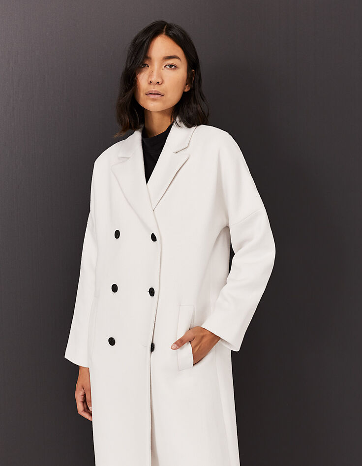 Manteau long écru en drap de laine mélangé femme-1