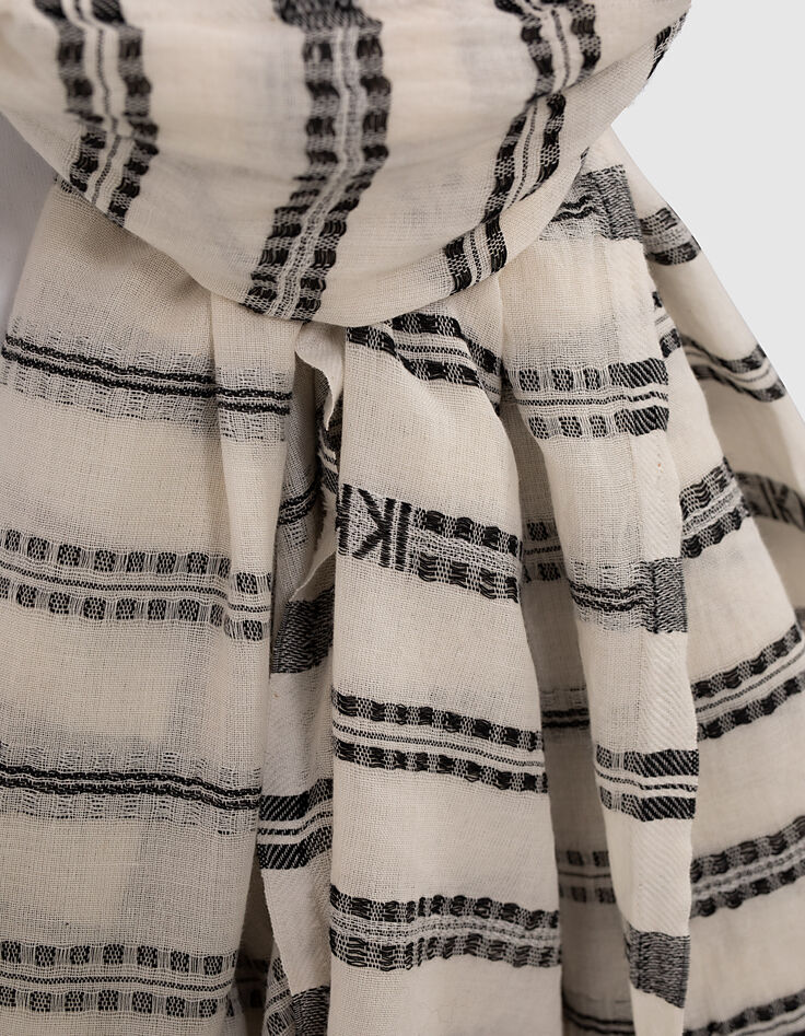 Chèche 100% coton à rayures noir et blanc logos IKKS femme-3