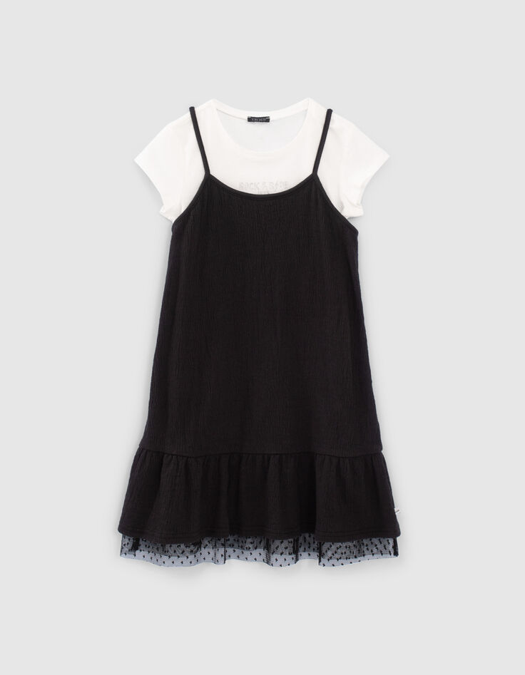 Schwarzes 2-in-1-M&auml;dchenkleid mit wei&szlig;em T-Shirt-1