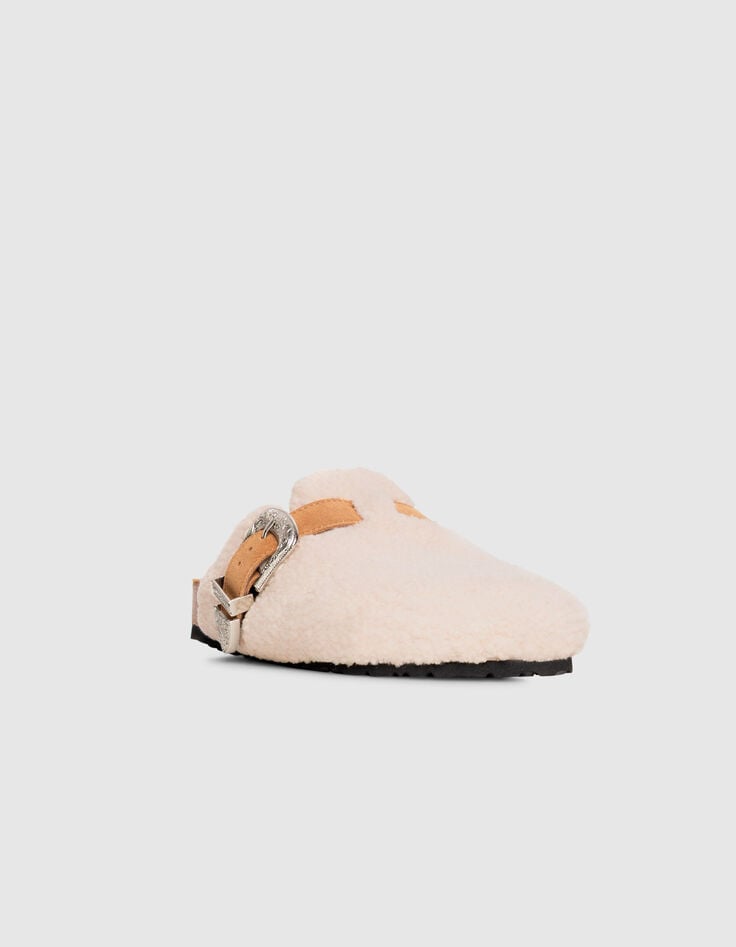 Women’s ecru shearling mule clogs with cowboy buckle-2