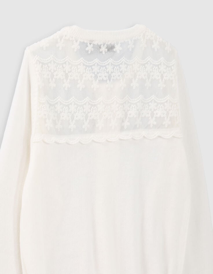 Cremewei&szlig;e M&auml;dchenstrickjacke mit Spitze-3