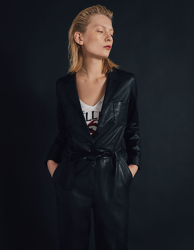 Women&rsquo;s black lambskin leather long jumpsuit-6