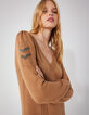 Robe courte camel en maille jeux de points chevrons femme-4