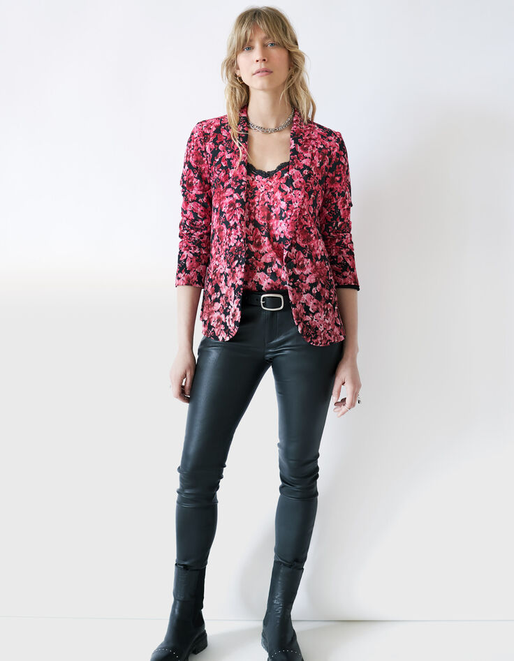 Rosa Damentop mit Blumenprint und schwarzer Spitze-5