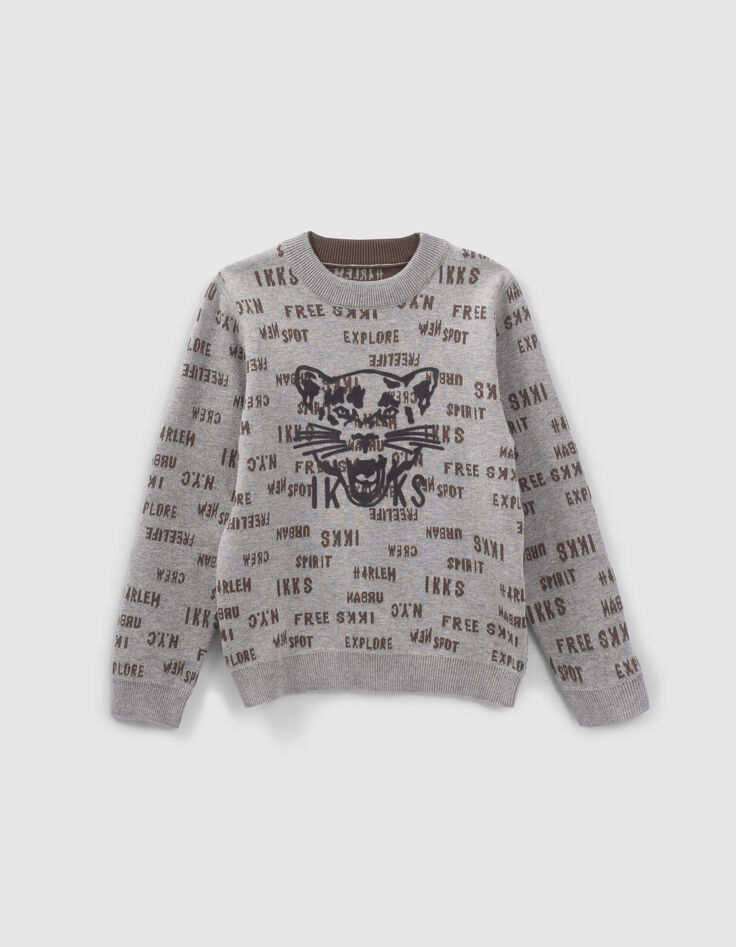 Pull réversible gris et kaki jacquard typo garçon-2
