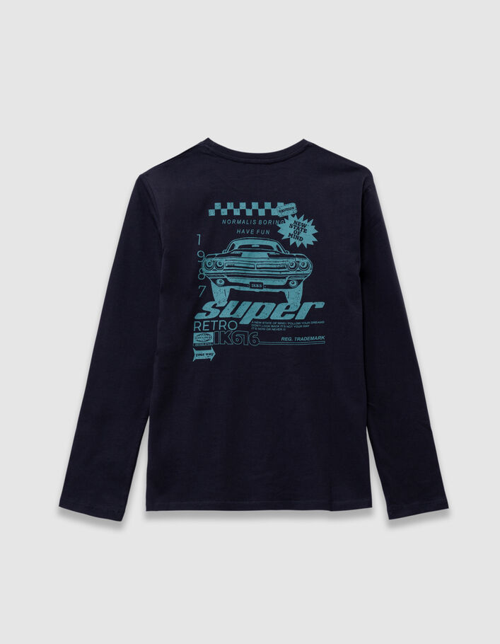 Boys' navy organic cotton T-shirt with car image on back IKKS