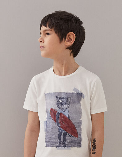 Boys' off-white cat-surfer graphic T-shirt - IKKS