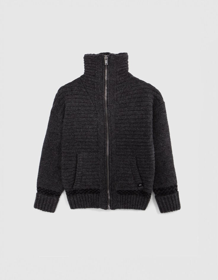 Boy's grey lightning, checkerboard Intarsia knit cardigan-1 Boy's grey lightning, checkerboard Intarsia knit cardigan-1