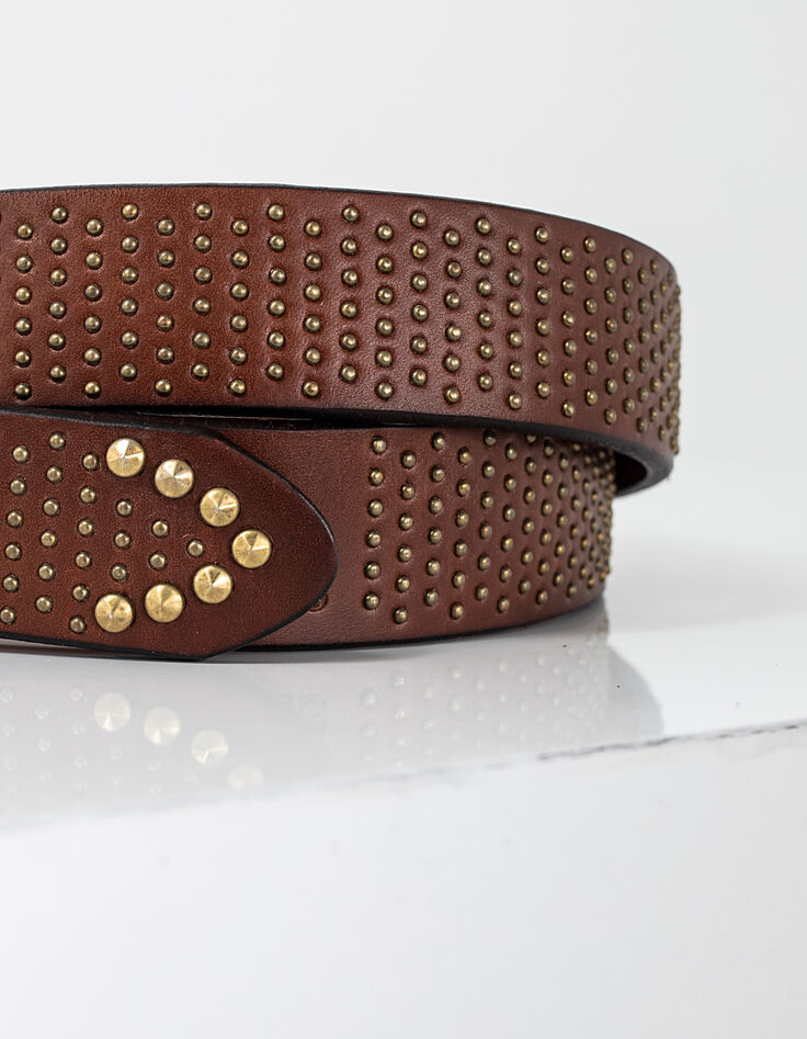 Ceinture en cuir camel détails cloutés femme-3