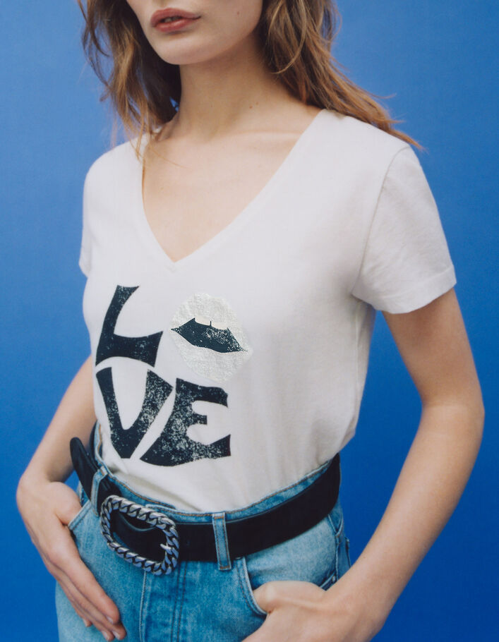 Camiseta blanca algodón ecológico mensaje y boca mujer - IKKS