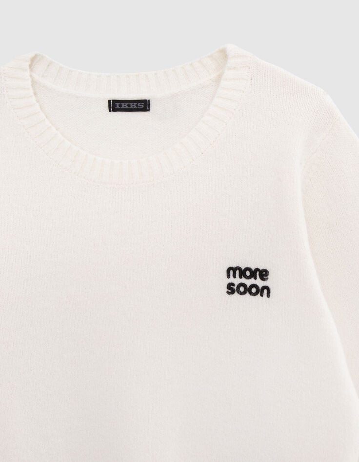 Pull écru tricot cropped broderie message fille-2
