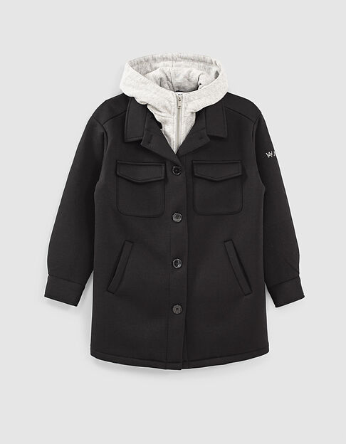 Manteau noir néoprène à capuche molleton fille - IKKS