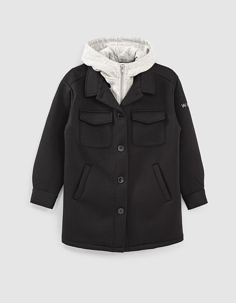 Girls’ black neoprene coat with sweatshirt fabric hood
