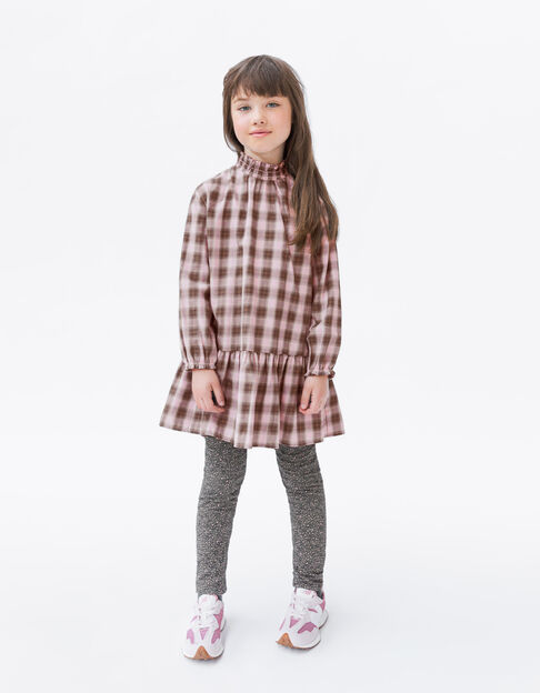 Kariertes Mädchenkleid, pink und khaki, Smock-Kragen