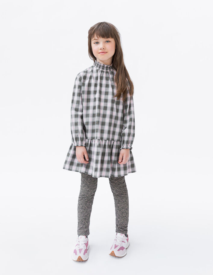 Girls’ pink with khaki check dress with smocked collar-1