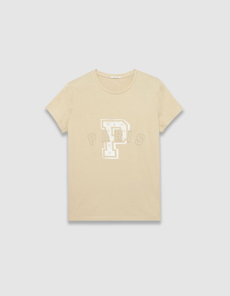 Beiges Damen-T-Shirt Schriftzug gestickte Buchstaben-5 Beiges Damen-T-Shirt Schriftzug gestickte Buchstaben-5