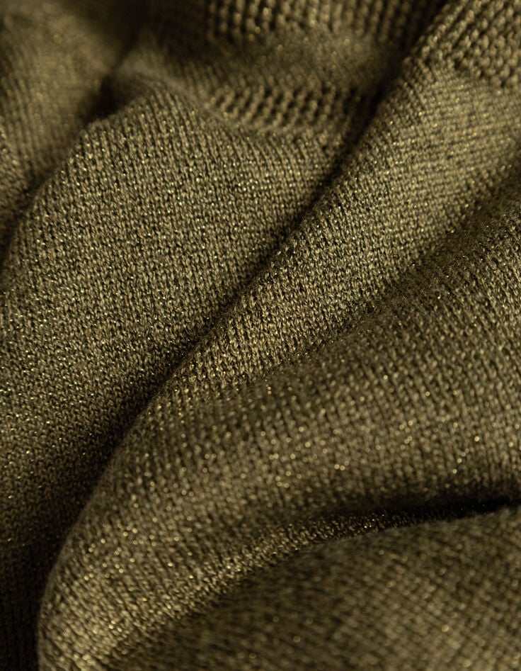 Khaki Damenstrickjacke Kapuze Lurex Fischgräten hinten-6 Khaki Damenstrickjacke Kapuze Lurex Fischgräten hinten-6