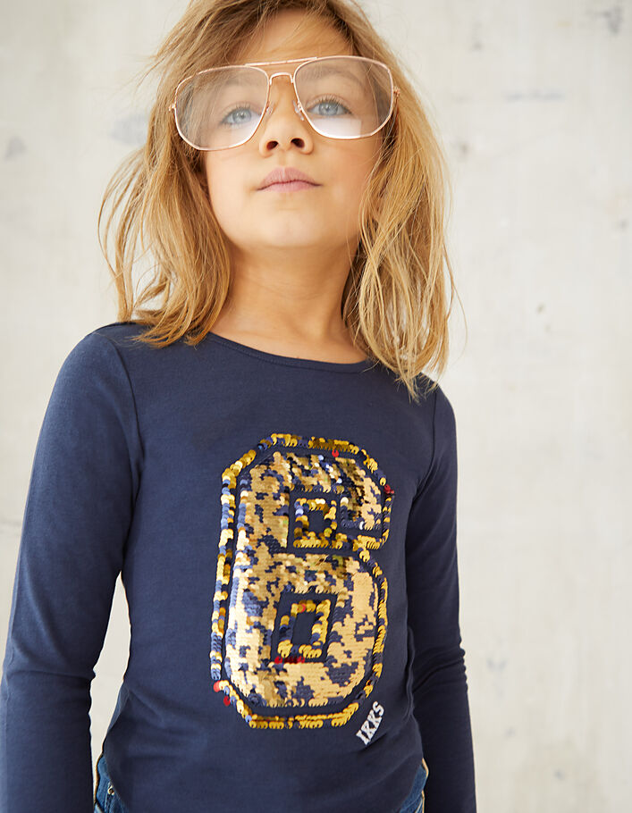 Girls' navy T-shirt + '6' in reversible sequins - IKKS