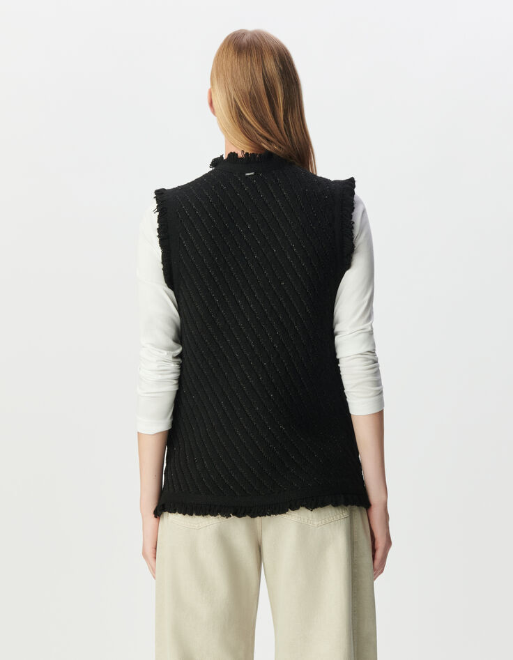 Cardigan sans manches noir tricot brodés sequins Femme-3