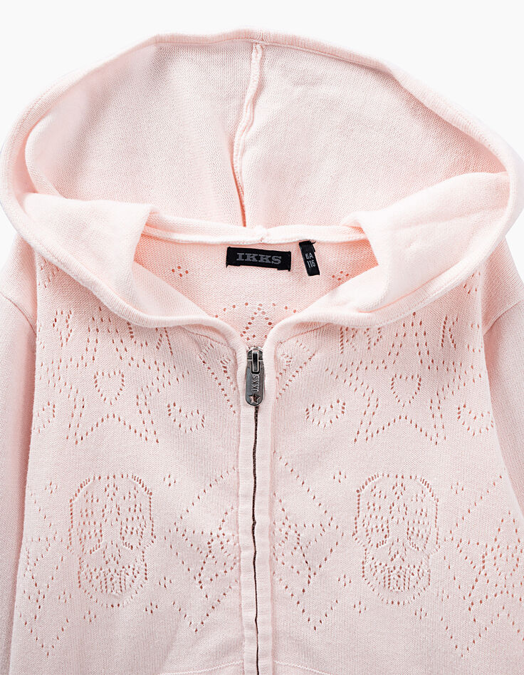 Zartrosa Mädchen-Strickjacke mit Fantasie-Lochmuster-2