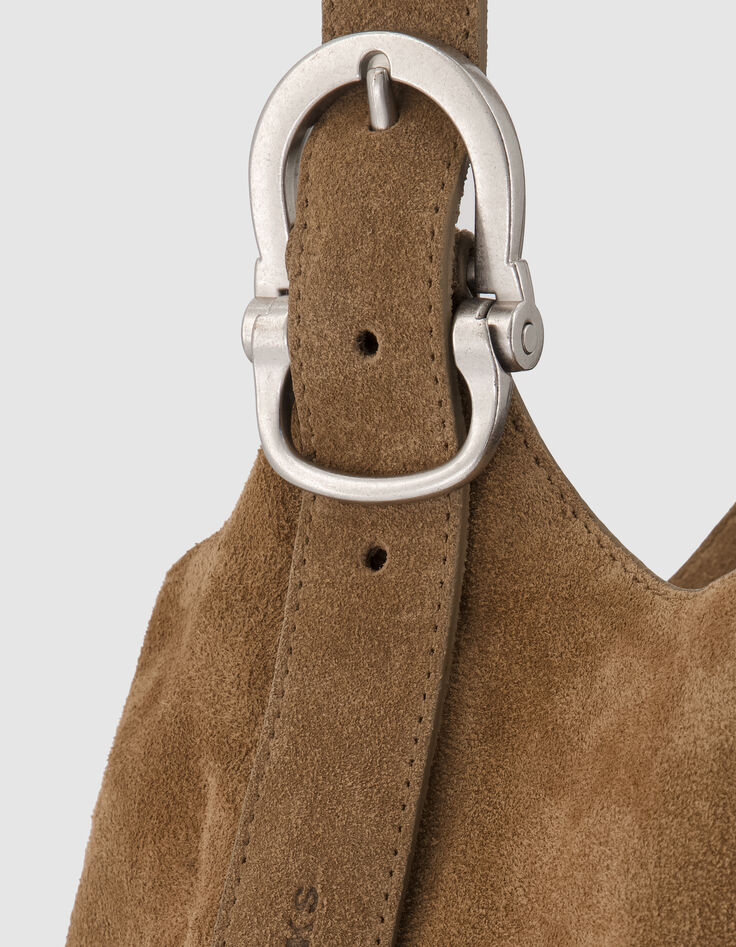 Beigefarbene Bucket-Bag aus Wildleder, Gr&ouml;&szlig;e M, Damen-4