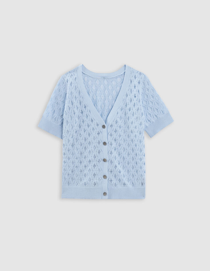 Cardigan bleu tricot fin r&eacute;versible devant dos-6