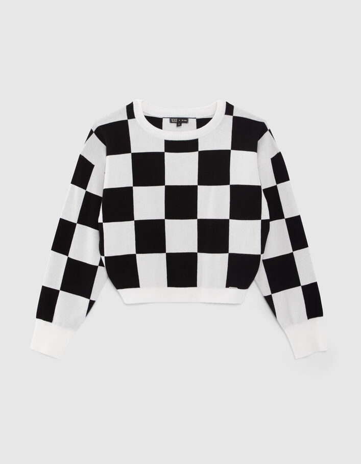 Girls' black knit cropped sweater with white checkerboard - IKKS