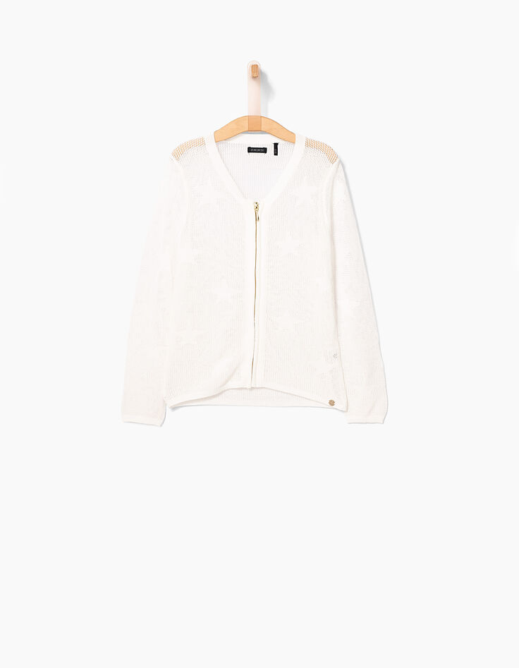 Cremeweiße Mädchen-Ajour-Strickjacke mit Sternen-2 Cremeweiße Mädchen-Ajour-Strickjacke mit Sternen-2