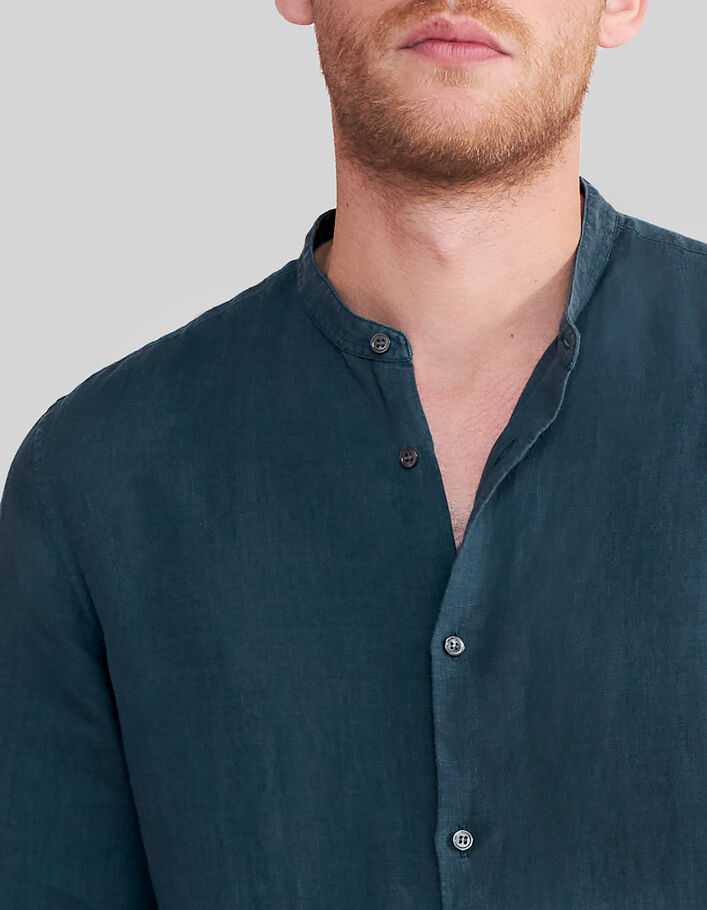 Graues REGULAR-Herrenhemd aus 100 % Leinen mit Maokragen - IKKS