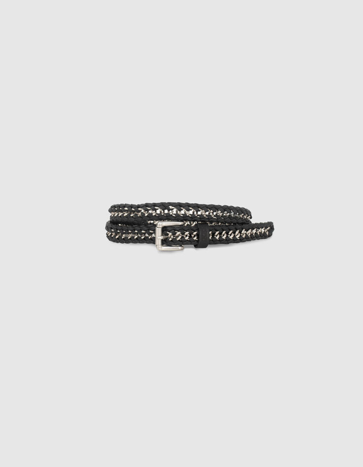 Ceinture fine en cuir noir et chaîne tressés Femme-1