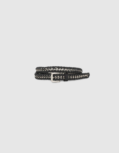 Women’s black woven leather and chain thin belt - IKKS