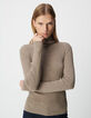 Pull col roulé beige tricot Femme-2
