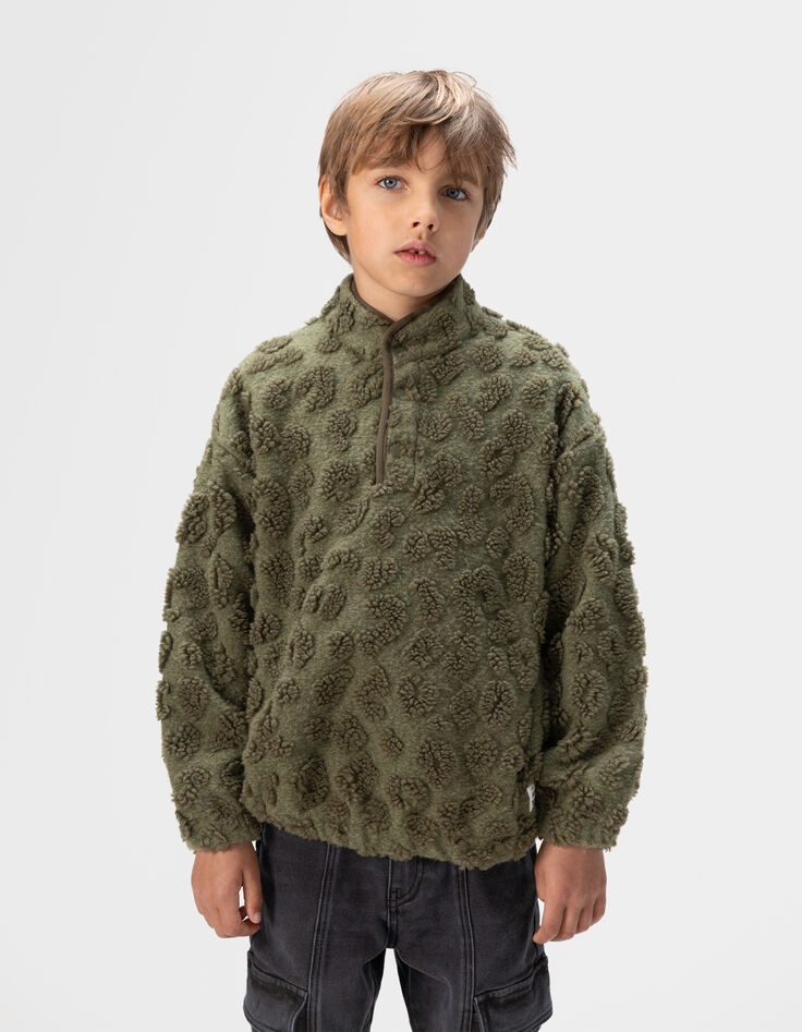 Sweat kaki jacquard sherpa léopard garçon-1