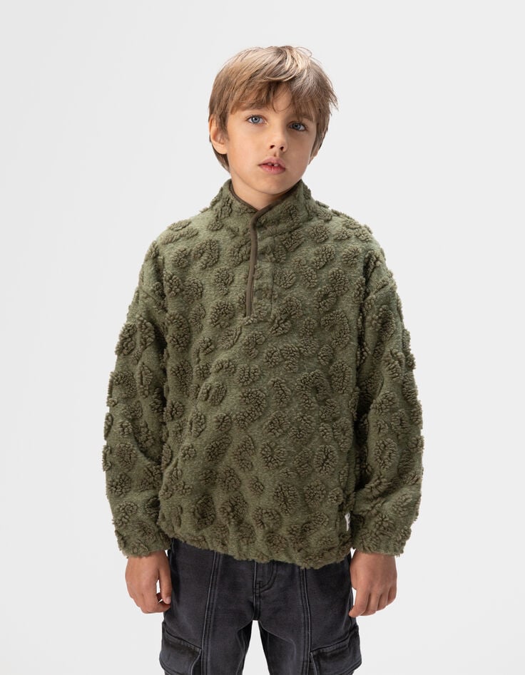 Sweat kaki jacquard sherpa léopard garçon-1 Sweat kaki jacquard sherpa léopard garçon-1
