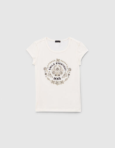T-shirt blanc cass&eacute; broderies et message fille - IKKS
