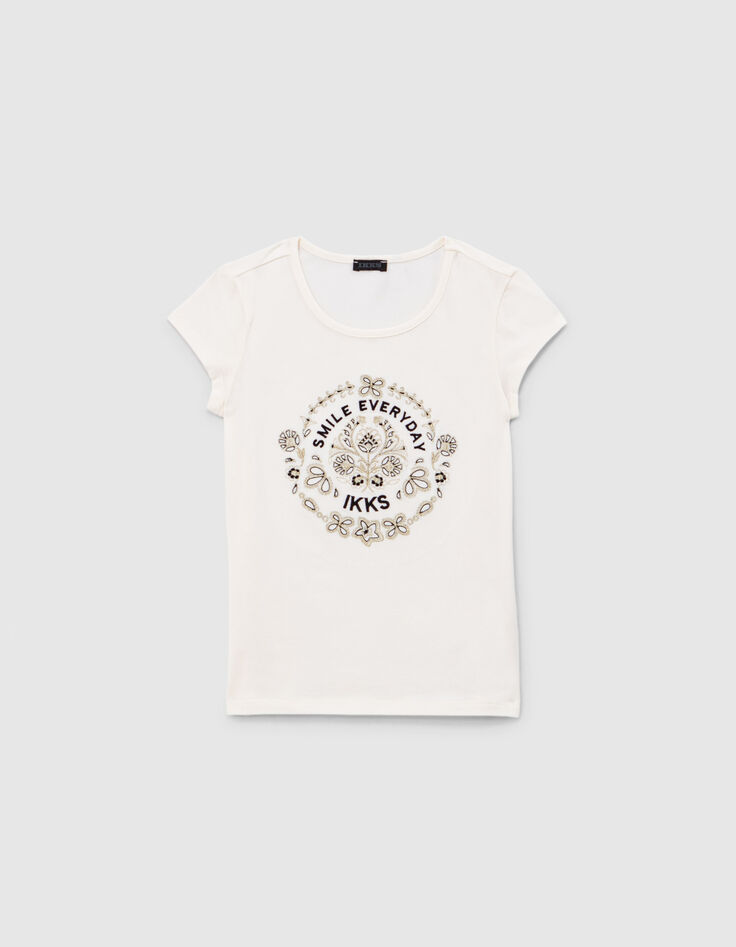 T-shirt blanc cass&eacute; broderies et message fille-1
