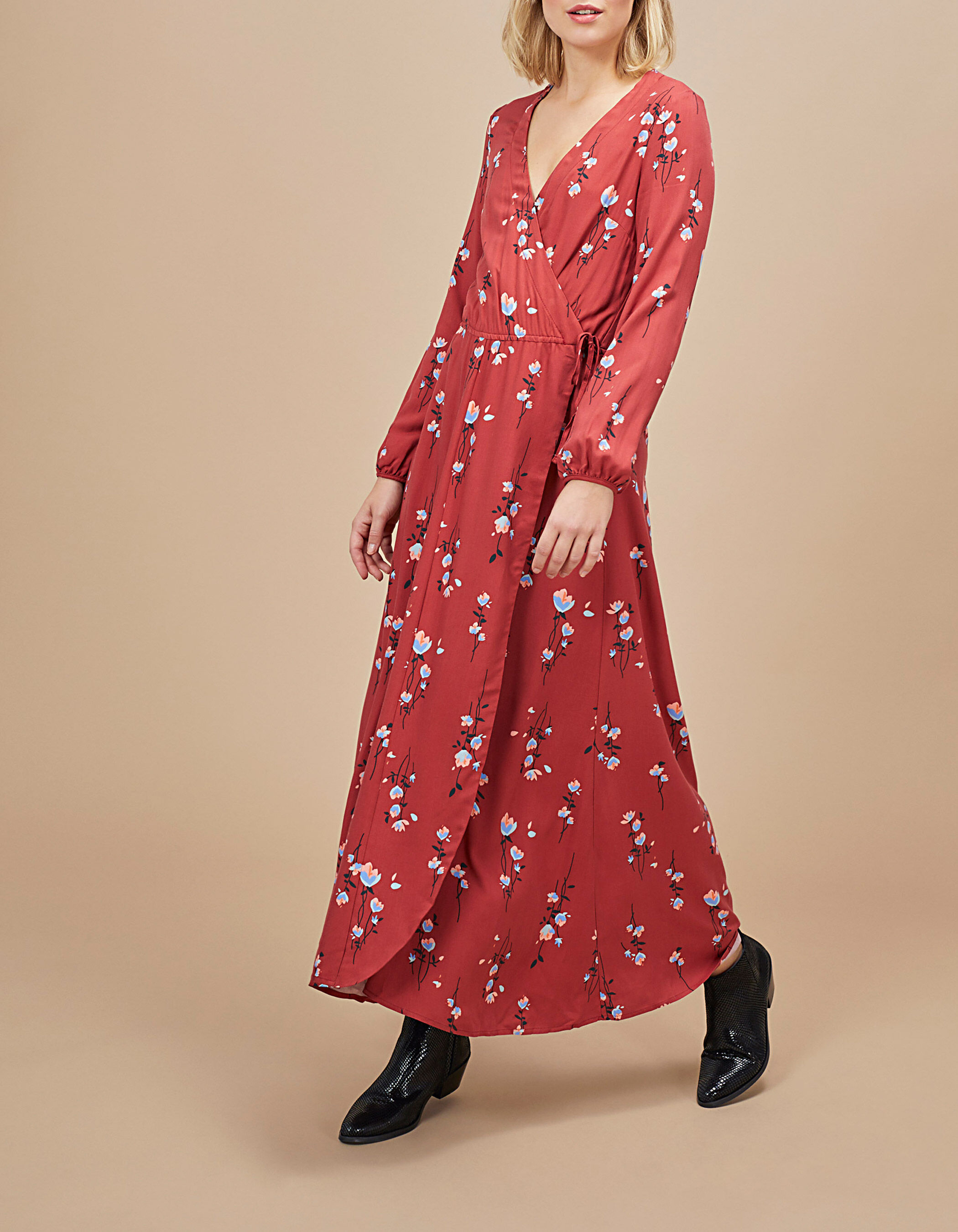 Robe longue cache c ur grenat a imprime fleurs I.Code