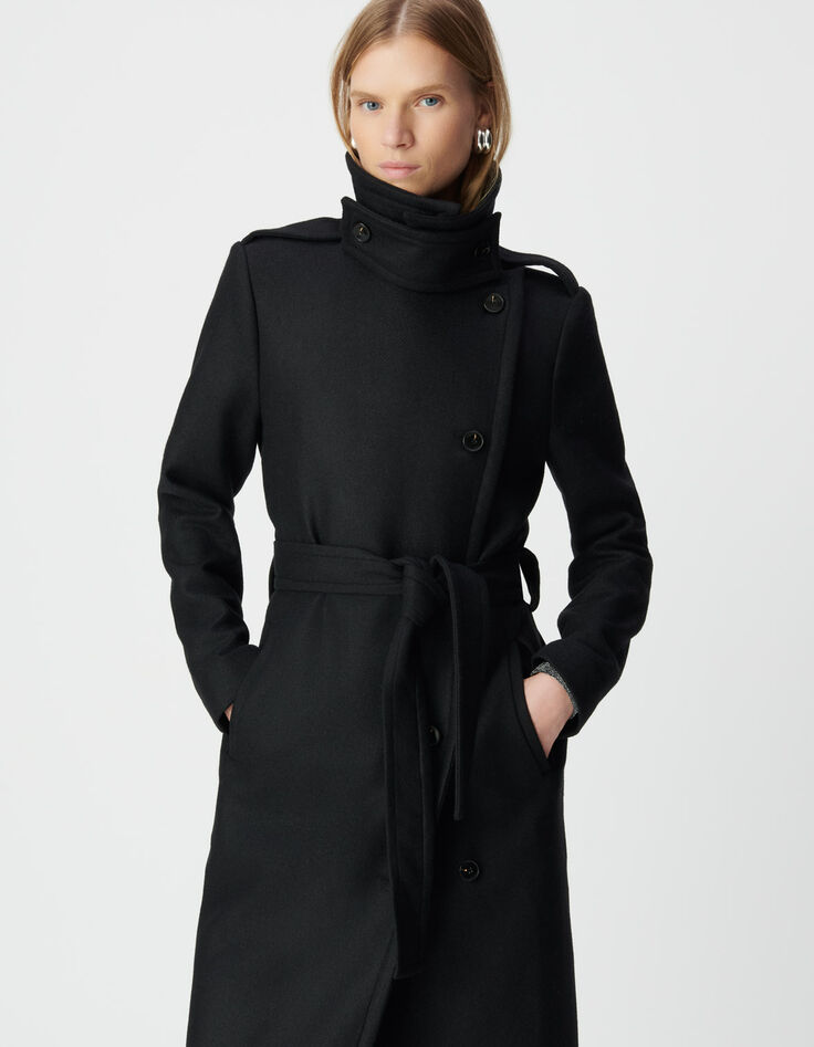 Manteau long noir lainage esprit caban ceintur&eacute; Femme-4